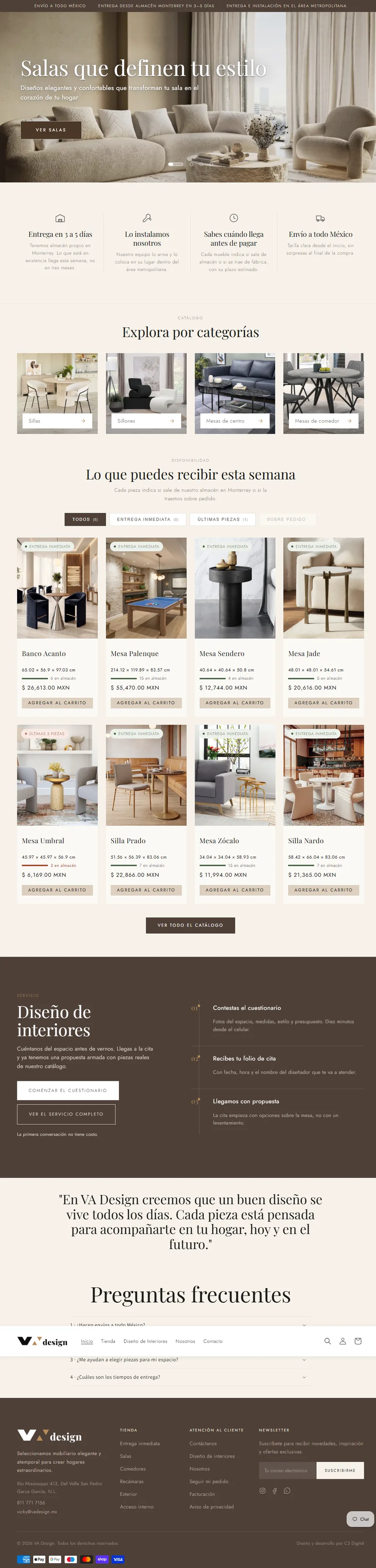 Sitio web de VA Design, mobiliario y diseño de interiores